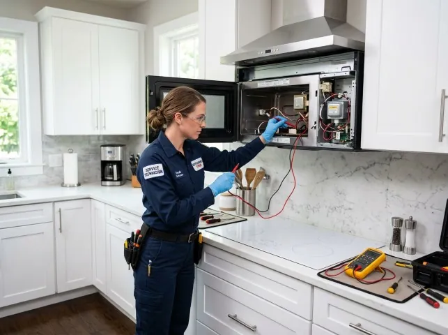Appliance Repair Hero technician testing an over-the-range microwave in a Beaver, PA kitchen